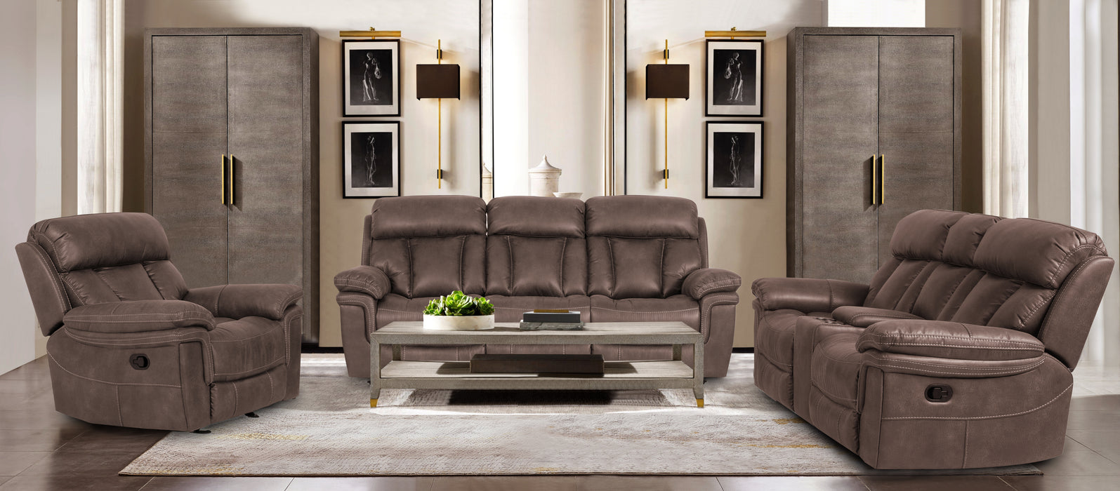 Juego de Sofa y Loveseat Reclinables Con Mecedora Color Cafe