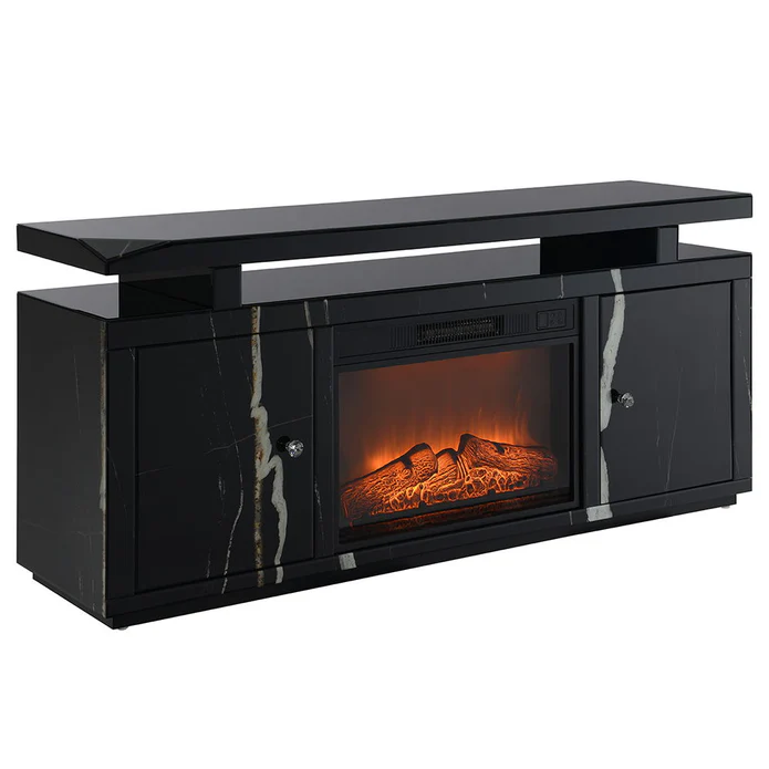 Mueble de TV con chimenea acabado de espejo negro Drisana