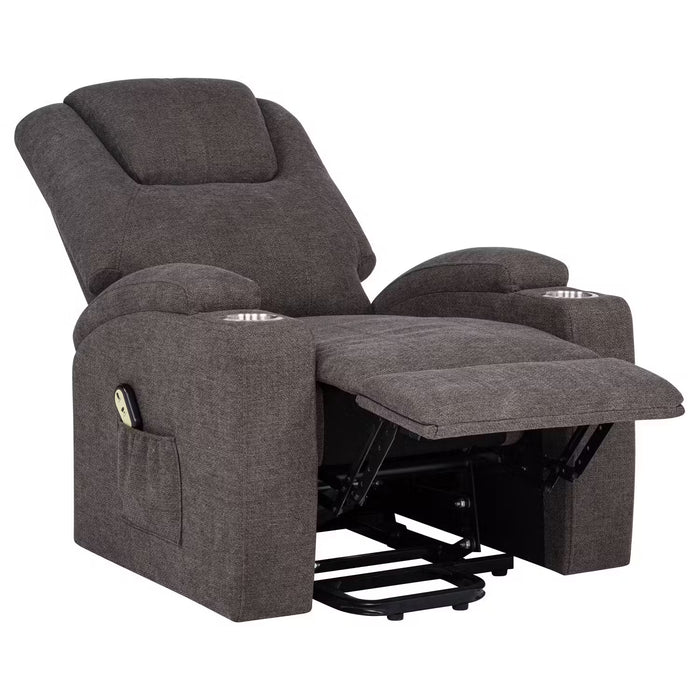 Sillón reclinable elevador con masaje Louie tapizado en chenille color café.