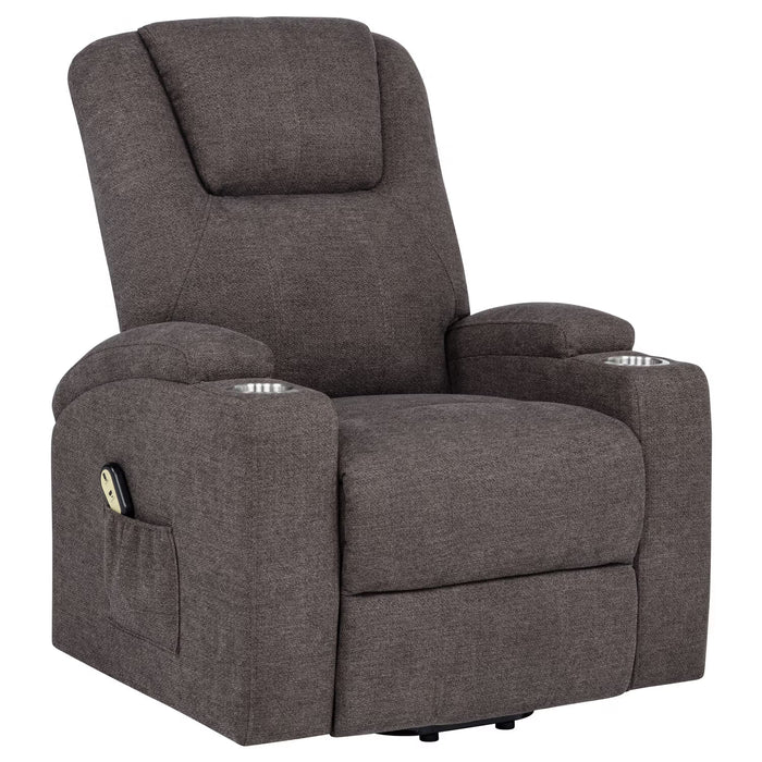 Sillón reclinable elevador con masaje Louie tapizado en chenille color café.